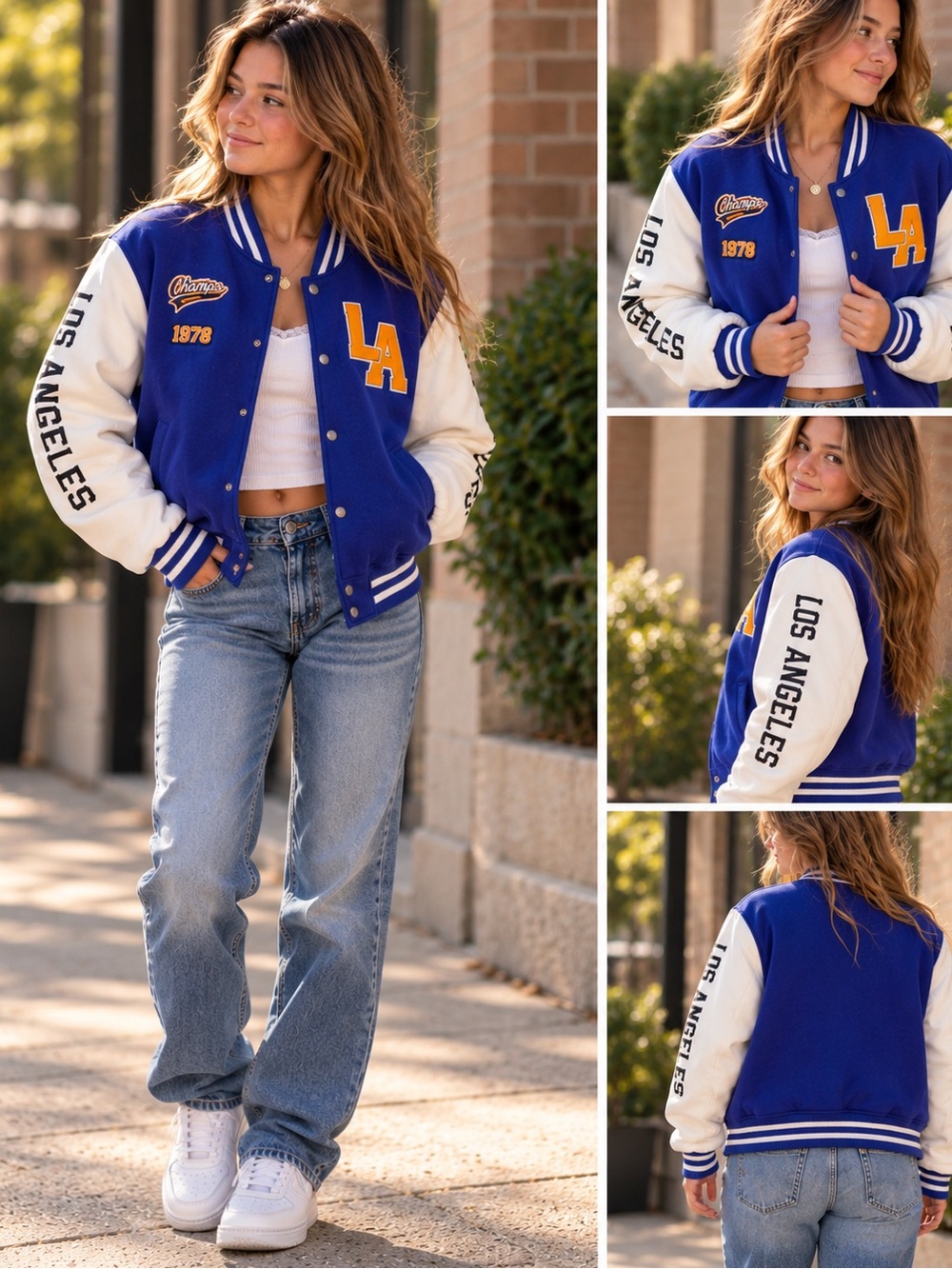 H&M Blue & White LA Varsity Jacket with Gold Patch